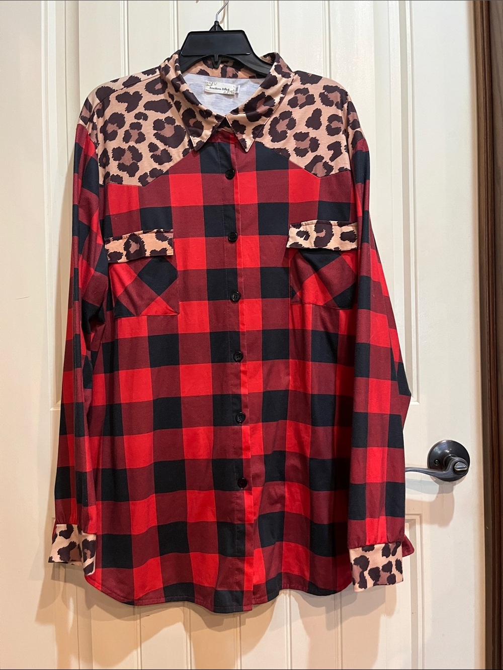 Southern Stitch Black and Red Check with Leopard Print Blouse size 3X women’s